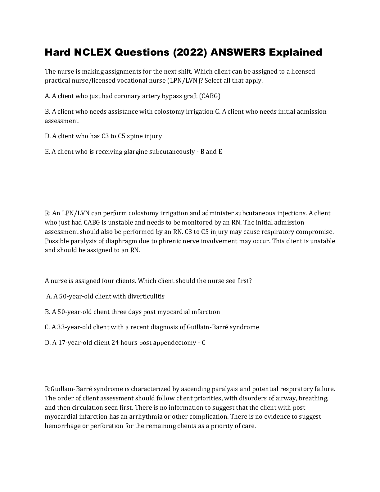 Preview image for Hard NCLEX Questions (2022) ANSWERS Explained